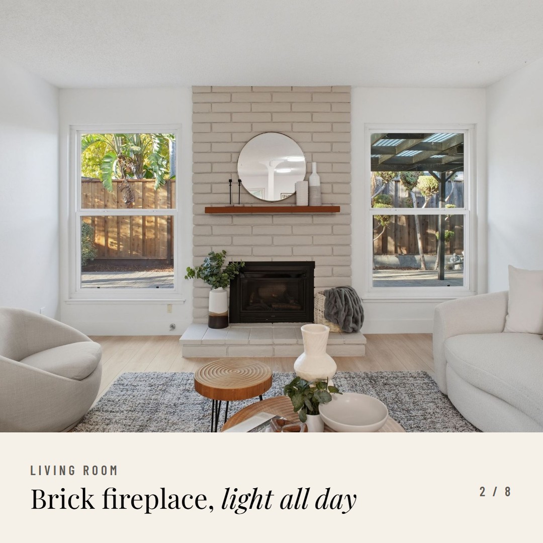 Card 2: Living room with brick fireplace